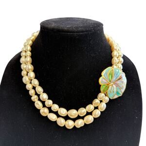 Vintage‎ David Kuo Champleve Enamel Butterfly Fresh Water Pearl Necklace 9 Inch